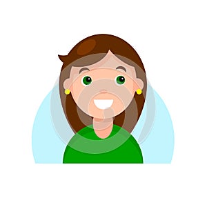 Face of a smiling brunette girl with green eyes. Cartoon portrait of a young woman. Avatar character for an icon, logo