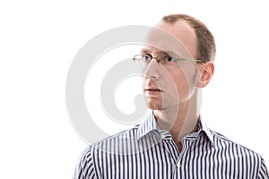 Face of speechless man gazing into space isolated on white background