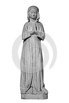 Face of statue of grieving woman isolated on white background. Plaster antique sculpture of young woman. Gypsum copy