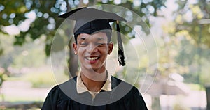 Face, student and man with graduation, university and success with achievement and professional goals. Portrait, person