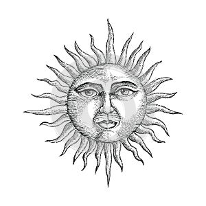 Face in sun hand drawing engraving style