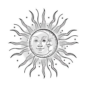 The face of the sun and moon. Retro illustration.