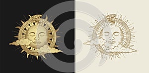 The face of the sun surrounded by snakes and decorated with clouds, illustration with esoteric, boho, spiritual, geometric style