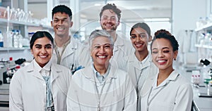 Face, team and happy scientist people in laboratory, research and cooperation. Portrait smile, science group and medical