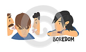 Face of Teenage Boy and Girl Feeling Boredom and Having Conflict with Parent Vector Set