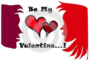 Face to face cute couple faces in red and dark red colours with valentines wording