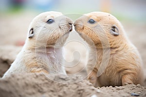 face to face shot of two alert prairie dogs