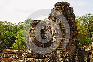 Face towers of the Bayon temple, In the center of Angkor Thom , Siem Reap, Cambodia.