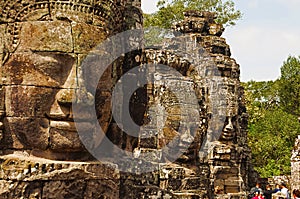 Face towers of the Bayon temple, In the center of Angkor Thom , Siem Reap, Cambodia. UNESCO World Heritage Site