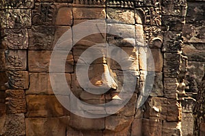 Face towers of the Bayon temple, In the center of Angkor Thom , Siem Reap, Cambodia. UNESCO World Heritage Site.