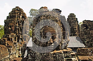 Face towers of the Bayon temple, In the center of Angkor Thom , Siem Reap, Cambodia. UNESCO World Heritage Site