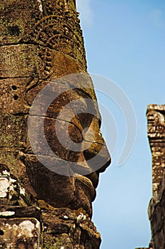 Face towers of the Bayon temple, In the center of Angkor Thom , Siem Reap, Cambodia. UNESCO World Heritage Site. Capital city of