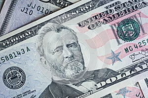 face on US fifty or 50 dollars bill macro, banknotes background