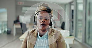 Face, video call and black woman with telemarketing, agent and communication with headphones. Portrait, African person