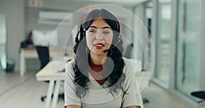 Face, video call and woman with telemarketing, business and customer service with headphones. Portrait, person and