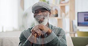 Face, walking stick and and senior black man with disability on sofa in living room of retirement home to relax