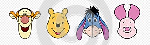 Face of Winnie the Pooh, Tigger, Eeyore, Piglet, vector editorial illustration