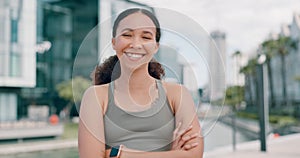 Face, woman and closeup with fitness outside and smile with sportswear for exercise, jog and active. Workout, dedication