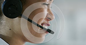 Face, woman and communication of consultant in call center for customer service, CRM advisory and IT support. Profile