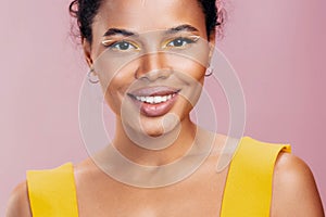 Face woman creative african make-up yellow style cosmetic portrait colourful black beautiful beauty smile