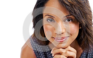 Face, woman and portrait with beauty and makeup, skincare mockup and cosmetic care against white background. Hair, smile