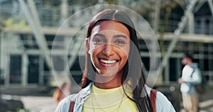 Face, woman and student smile at college for education, learning and knowledge at campus building. Portrait of young gen