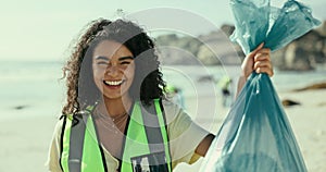 Face, woman and trash bag on beach to volunteer for cleanup of plastic pollution on shore to recycle and ocean