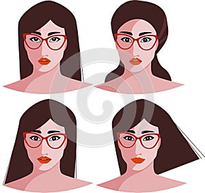 Face of womans, they wear a red cateye glasses with different emotion, flat vector illustration
