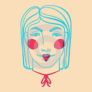 Face of yang girl. Colorful cute screen printing effect. Riso print effect. Vector illustratin