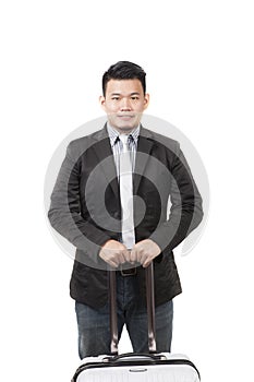 Face of young asian man with a luggage for container belonging s photo