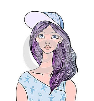 Face of young cute girl with long hair and snapback on the head. Vector female portrait illustration, isolated on white