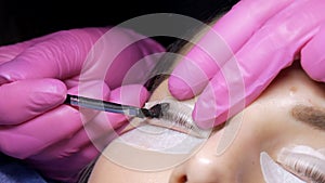 Face of a young girl in a modern eyelash lamination procedure in a professional beauty salon. Master apply black dye