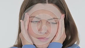 Face of Young Woman with Headache on White Background