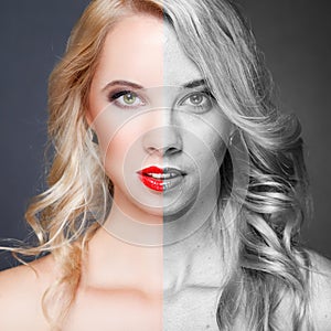Face of young woman before and after retouch photo