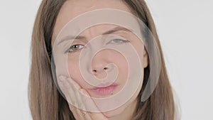 Face of Young Woman with Toothache on White Background