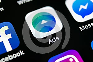 Facebook Ads application icon on Apple iPhone X screen close-up. Facebook Business app icon. Facebook Ads mobile application. Soc