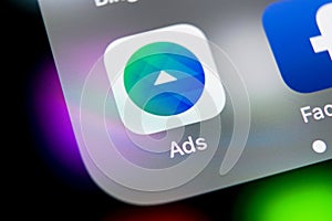 Facebook Ads application icon on Apple iPhone X screen close-up. Facebook Business app icon. Facebook Ads mobile application. Soci