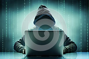 Faceless Anonymous Computer Hacker With Laptop