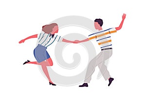 Faceless artistic pair holding hands, dancing lindy hop together. Couple perform swing or jive dance. Man and woman photo