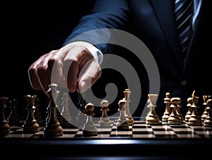 Faceless businessman plays chess. Strategy for success and victory. AI