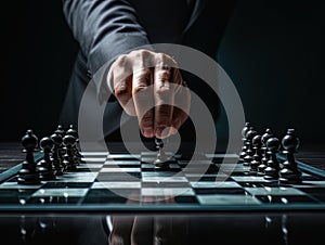 Faceless businessman plays chess. Strategy for success and victory. AI