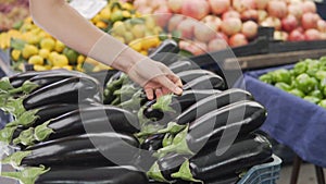 A faceless buyer chooses eggplant at the farmer's market