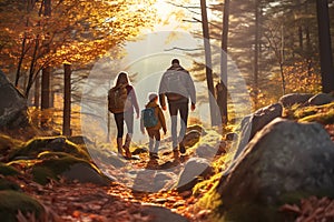 Faceless family walking hike through colorful autumn forest. Rear view of parents and child walking on trail