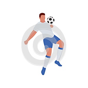 Faceless Footballer Player Hitting Ball From Chest On White