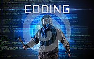Faceless hacker on code background