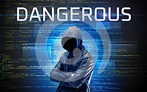 Faceless hacker on code background