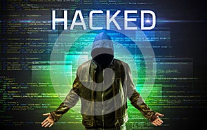 Faceless hacker on code background