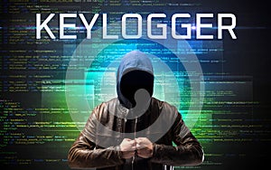 Faceless hacker on code background