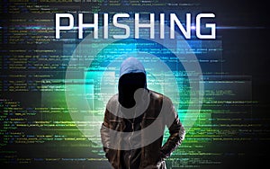 Faceless hacker on code background