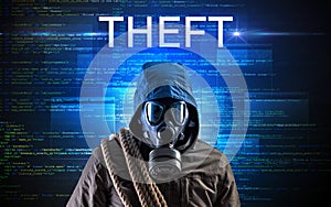 Faceless hacker on code background